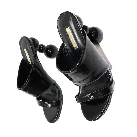 STUDIO F AVANT GARDE hourglass Block HEELS Black PATENT leather Sandals Size 35 - Picture 3 of 9